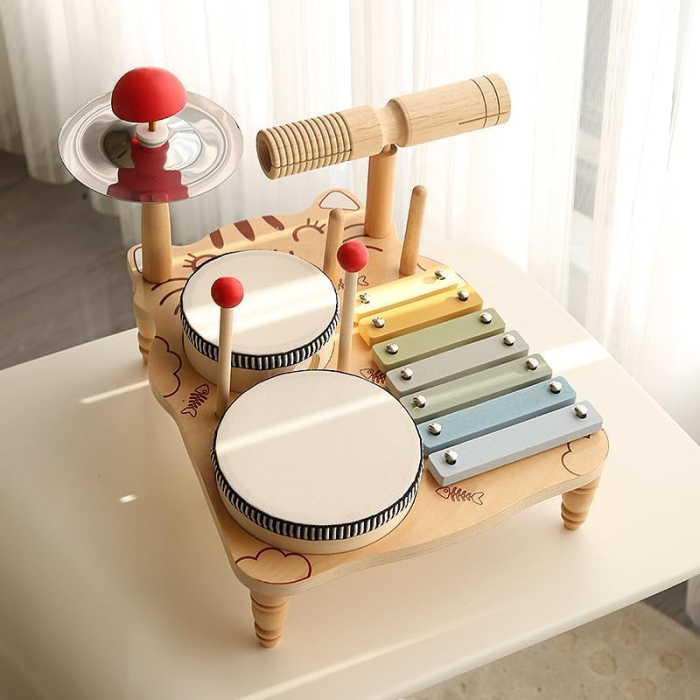Set Muzical Copii 5 in 1 din Lemn — Tobe Xilofon Chimbal Guiro [4]