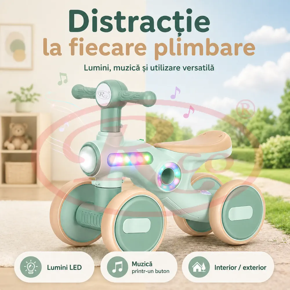 Bicicleta Echilibru Copii Ride-On Verde cu Lumini si Muzica, 4 Roti [8]