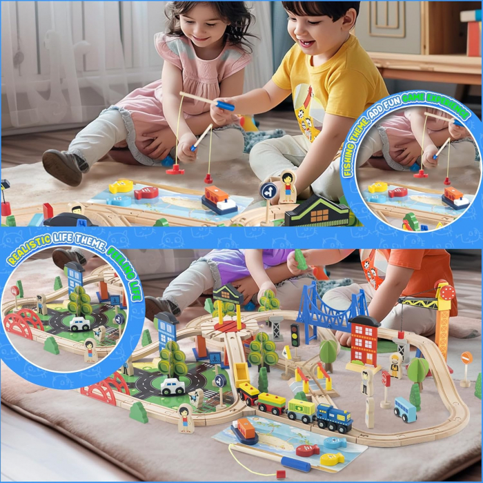 Set de Tren din Lemn pentru Copii - 108 Piese cu Sine, Macara Magnetica si Joc de Pescuit [11]