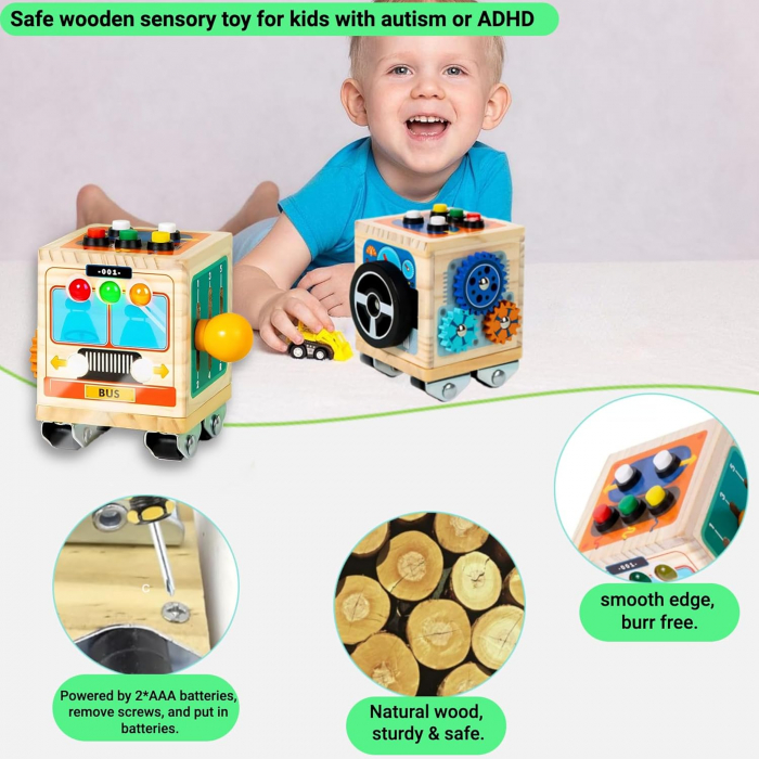 Jucarie Montessori Cub de Activitate Senzoriala din Lemn cu LED si Volan [4]