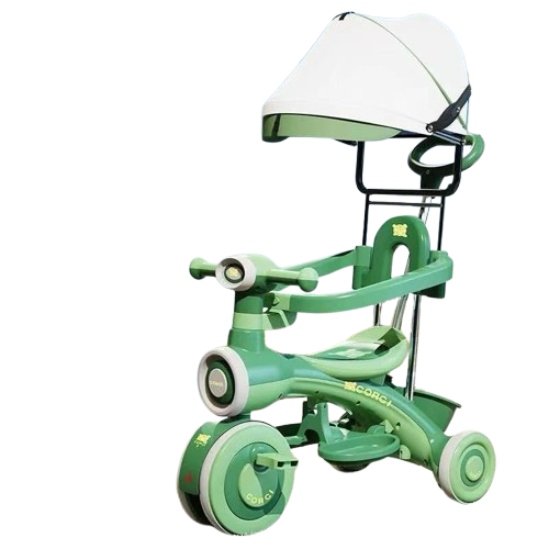 Tricicleta Verde Copii 2 in 1 cu Parasolar, Muzica si Lumini, Maner de Impins [4]