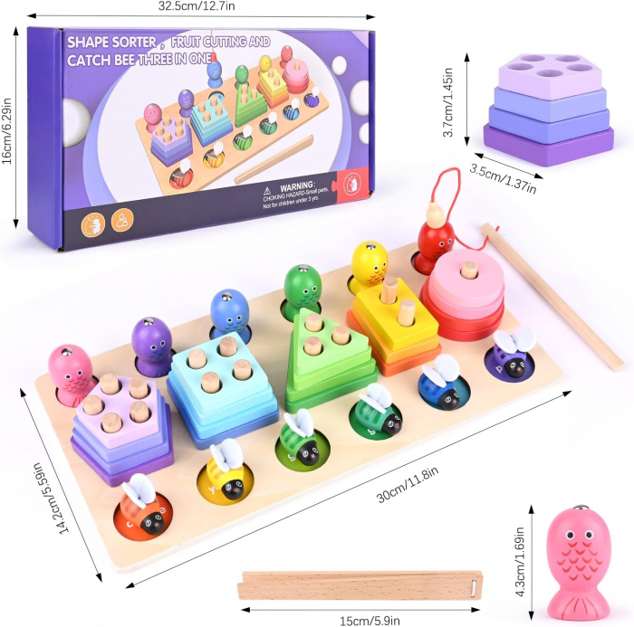 Jucarie Montessori 3 in 1 din Lemn Pescuit Magnetic, Sortare Culori si Stivuire Forme [2]