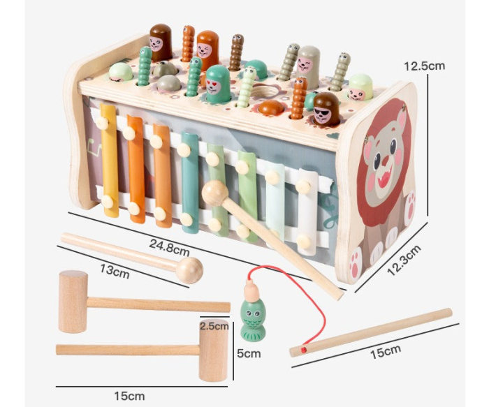 Centru Activitati Leu 5 in 1 din Lemn, Whack-a-Mole Xilofon Pescuit [4]