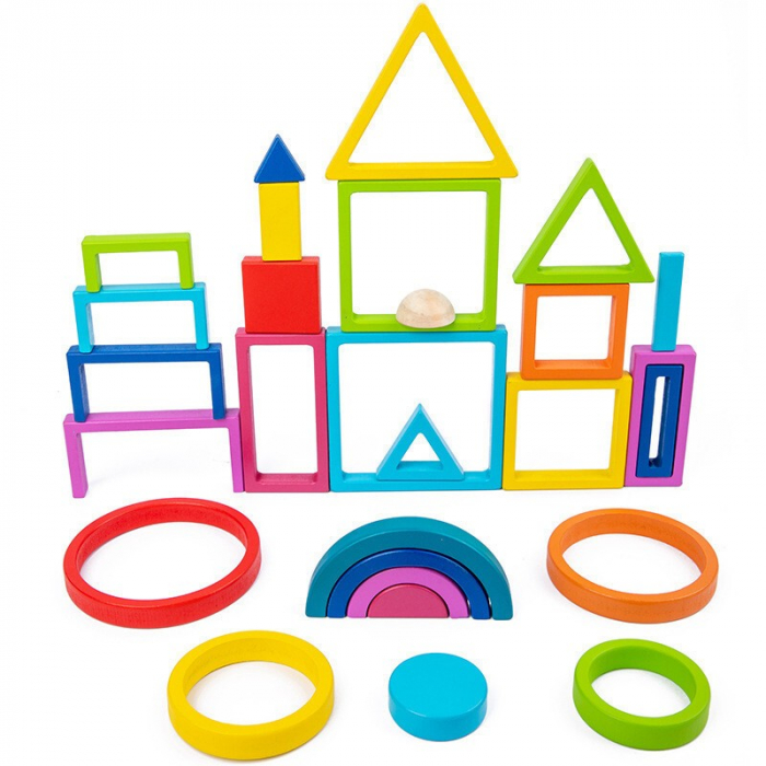 Set de Blocuri din Lemn cu Forme Geometrice Curcubeu - Joc Montessori Educativ [4]