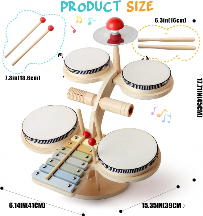 Set de Toba si Xilofon din Lemn pentru Copii – Jucarie Muzicala Montessori [3]