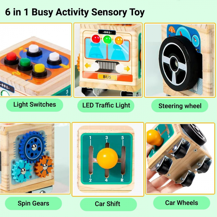 Jucarie Montessori Cub de Activitate Senzoriala din Lemn cu LED si Volan [2]