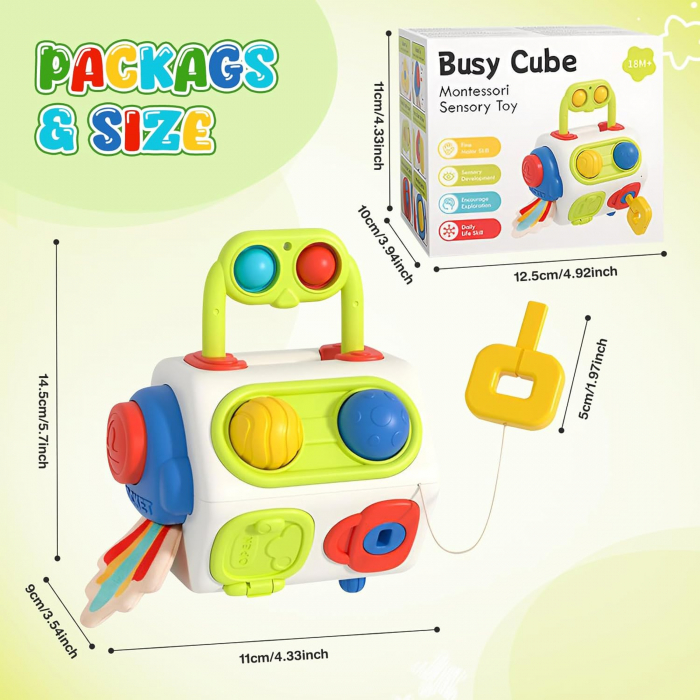 Jucarie Montessori Busy Cube 10 in 1 pentru Bebelusi - Dezvoltare Senzoriala si Motrica [3]