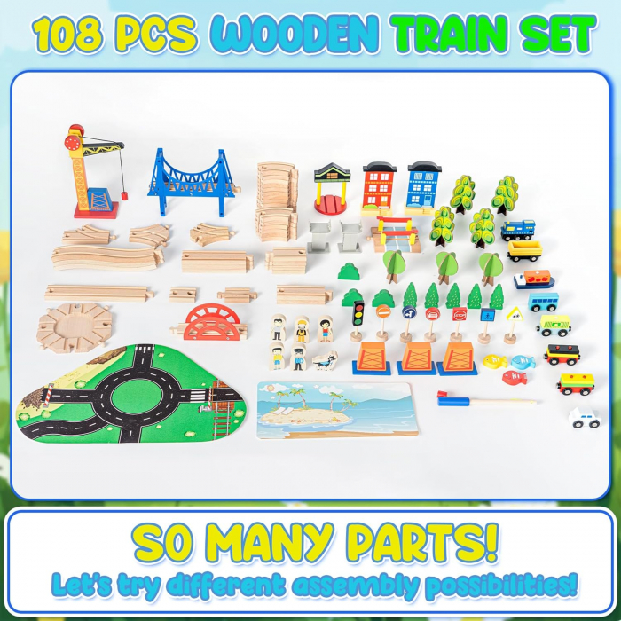 Set de Tren din Lemn pentru Copii - 108 Piese cu Sine, Macara Magnetica si Joc de Pescuit [10]