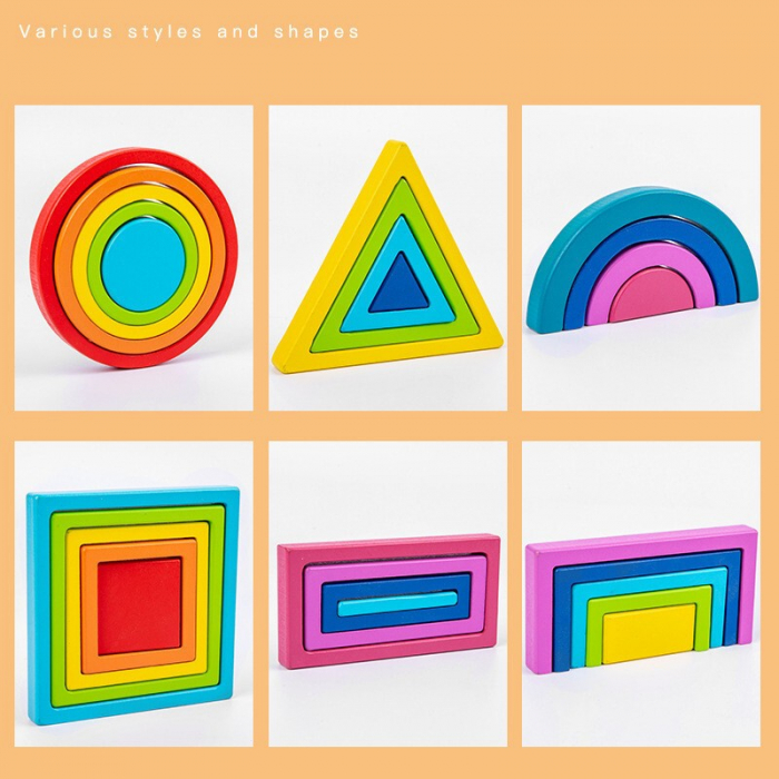 Set de Blocuri din Lemn cu Forme Geometrice Curcubeu - Joc Montessori Educativ [5]