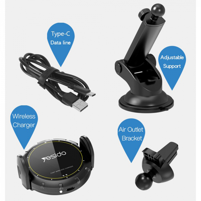 Suport Telefon de Masina 2 in 1 Yesido  Wireless Charging [2]