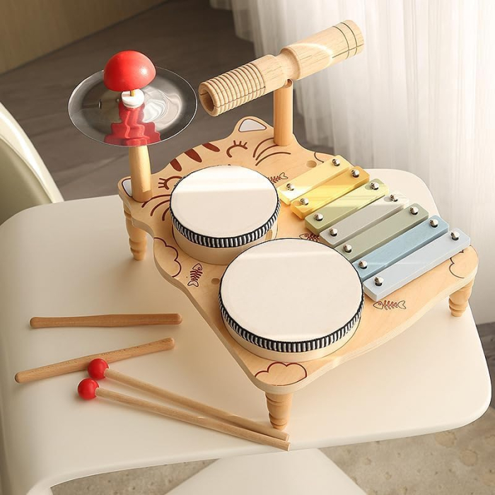 Set Muzical Copii 5 in 1 din Lemn — Tobe Xilofon Chimbal Guiro [3]