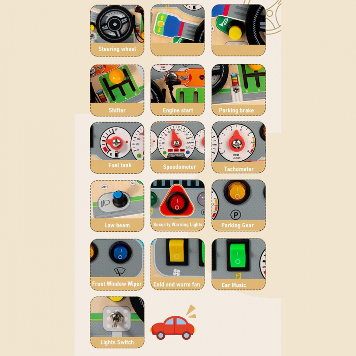 Placa Senzoriala din Lemn Busy Board cu Volan, Sunete si Lumina [6]