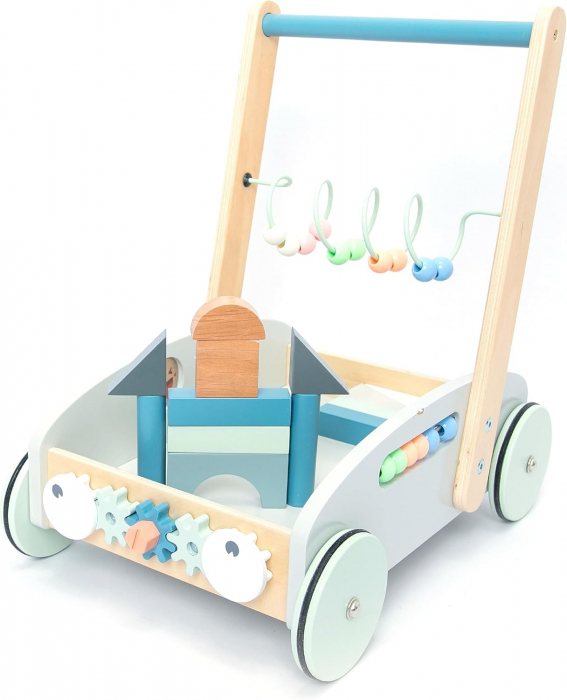 Antepremergator din Lemn cu Activitati pentru Bebelusi Roti cu Banda de Cauciuc Puzzle si Cuburi [1]