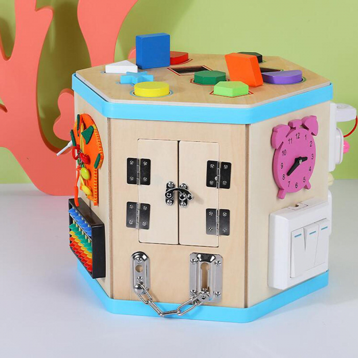 Cub Busy Board din Lemn cu Incuietori Hexagon - Centru de Activitati Montessori Senzoriale [3]