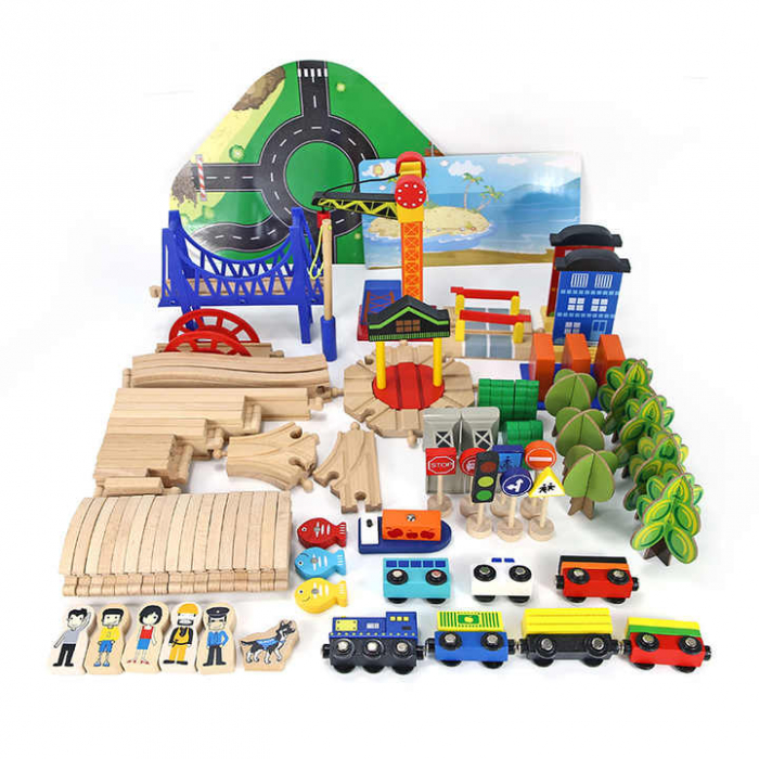 Set de Tren din Lemn pentru Copii - 108 Piese cu Sine, Macara Magnetica si Joc de Pescuit [9]
