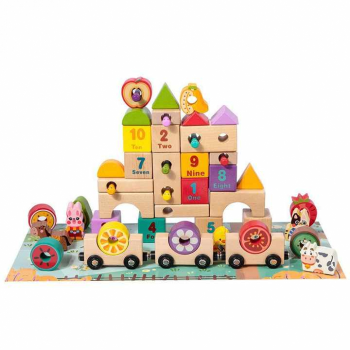 Set Cuburi de Constructie din Lemn cu Trenulet Magnetic – Animale si Fructe [4]