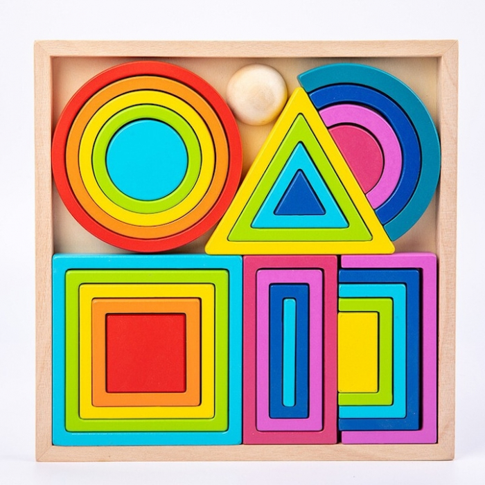 Set de Blocuri din Lemn cu Forme Geometrice Curcubeu - Joc Montessori Educativ [2]