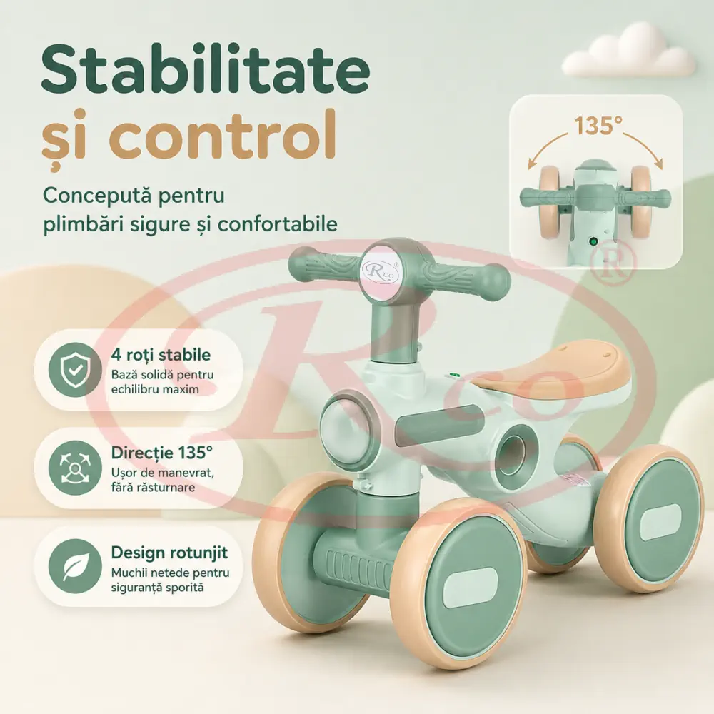 Bicicleta Echilibru Copii Ride-On Verde cu Lumini si Muzica, 4 Roti [7]