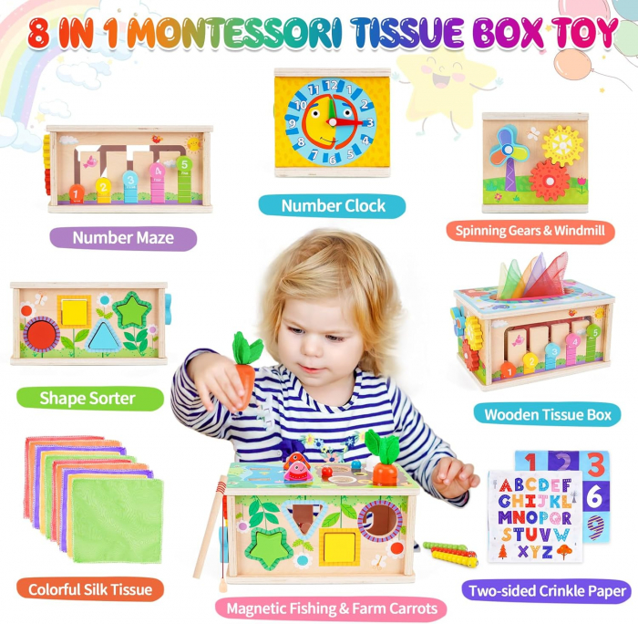 Cutie de Servetele Montessori 6 in 1 - Cub de Activitati Senzoriale din Lemn pentru Copii [2]