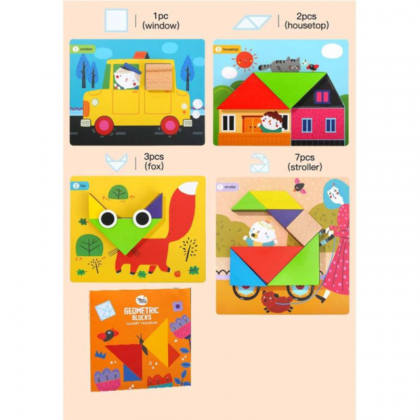 Joc din Lemn Tangram Geometric Blocks cu Planse [6]