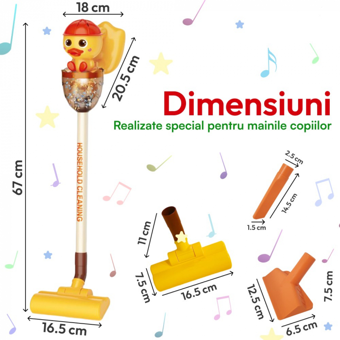 Aspirator Vertical de Jucarie pentru Copii – Interactiv, cu Lumina si Sunete, Model Ratusca [6]