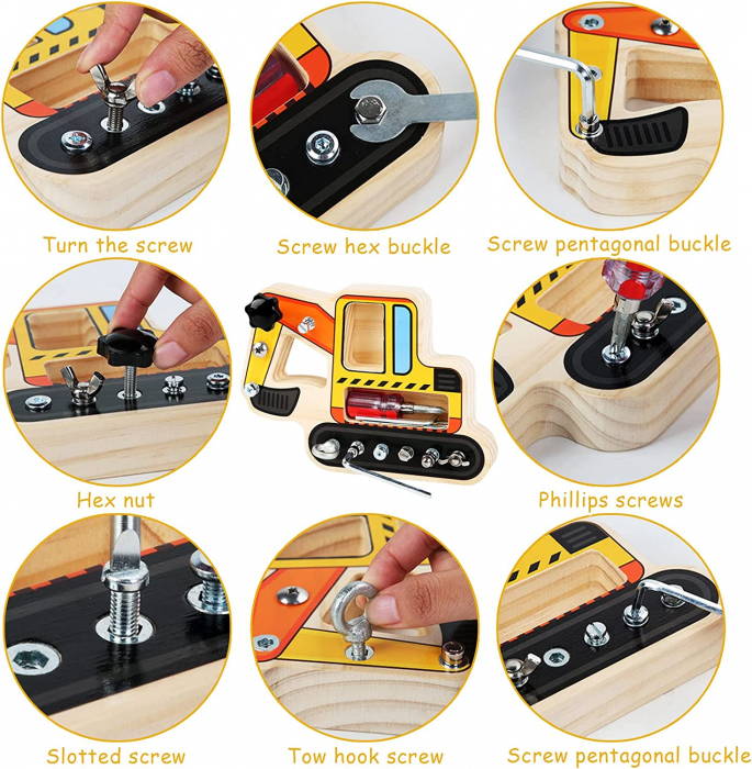 Placa cu Suruburi Busy Board Montessori Tool Board  Excavatorul cu Suruburi [5]
