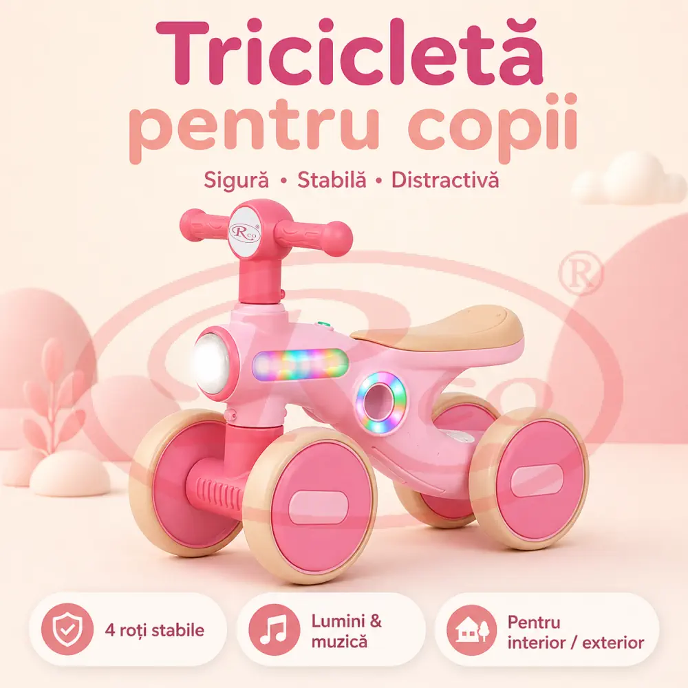 Bicicleta Echilibru Copii Ride-On Roz cu Lumini si Muzica, 4 Roti [7]