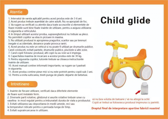 Bicicleta Fara Pedale cu Lumina, Muzica & Baloane de Sapun Galbena [4]