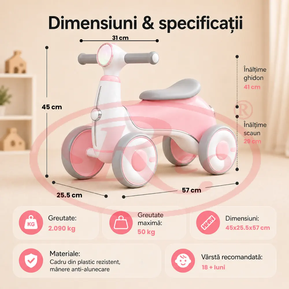 Bicicleta Roz de Echilibru Copii 4 Roti cu Lumini si Muzica, Ride-On [5]