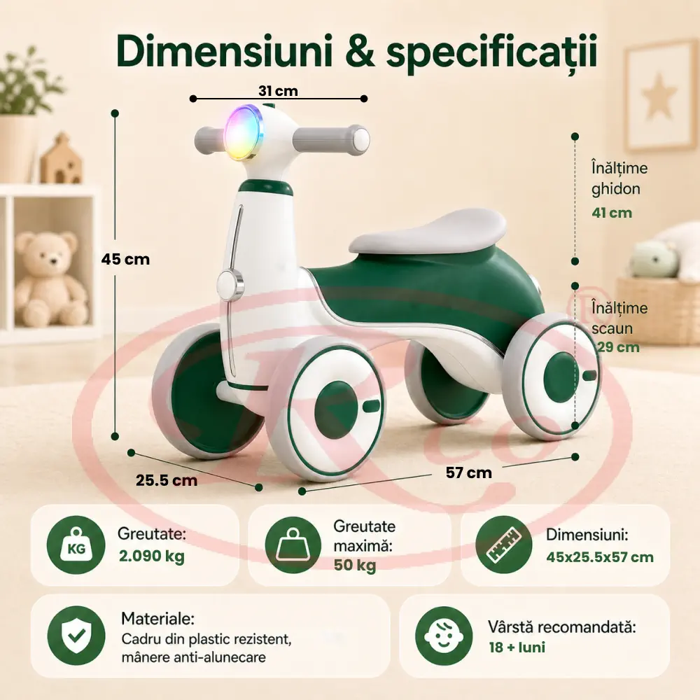 Bicicleta Verde de Echilibru Copii 4 Roti cu Lumini si Muzica, Ride-On [3]