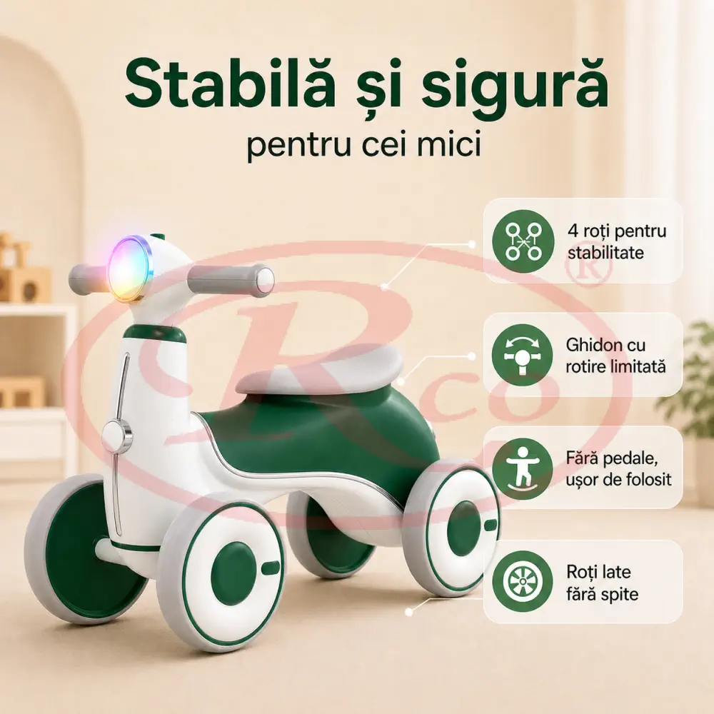 Bicicleta Verde de Echilibru Copii 4 Roti cu Lumini si Muzica, Ride-On [6]