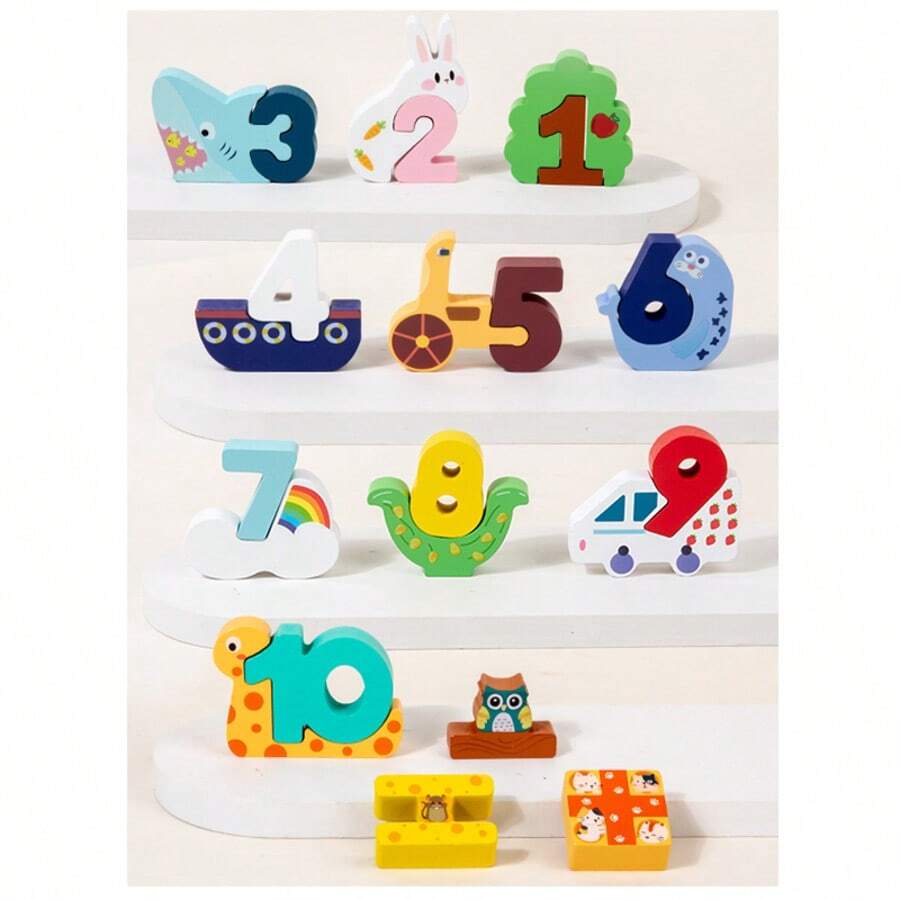 Blocuri Cifre 1-10 din Lemn cu Animale, Puzzle Asociere [4]