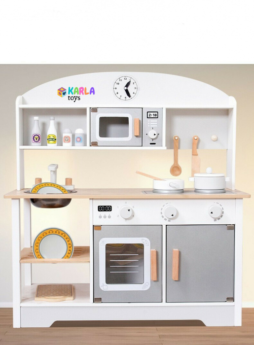 Bucatarie Lemn Copii Gri cu Accesori si Cuptor cu Microunde [2]