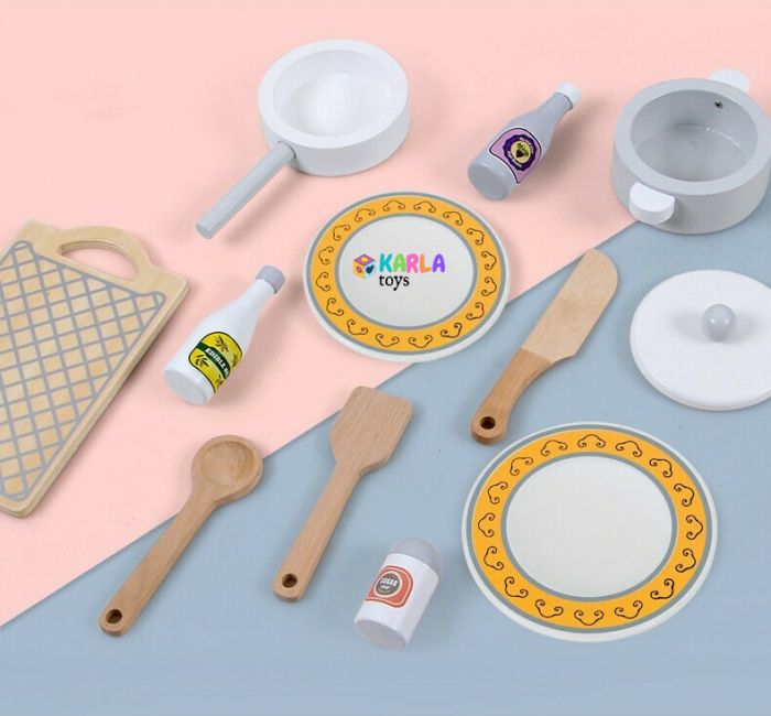 Bucatarie Lemn Copii Gri cu Accesori si Cuptor cu Microunde [3]