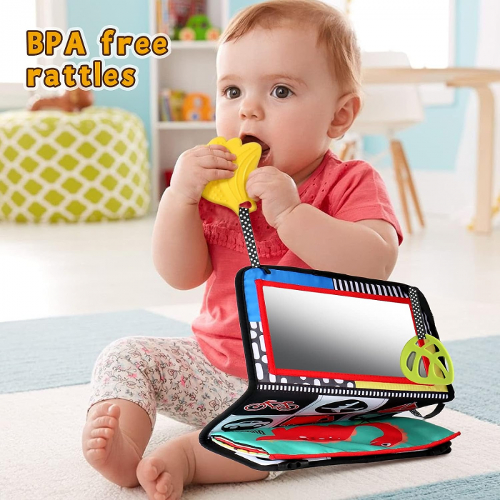 Carte Textila Senzoriala Bebe cu Oglinda si jucarie dentitie Pagini Fosneitoare [7]