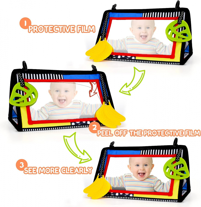 Carte Textila Senzoriala Bebe cu Oglinda si jucarie dentitie Pagini Fosneitoare [4]