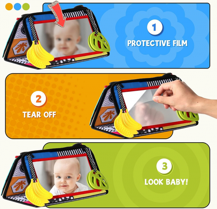 Carte Textila Senzoriala Bebe cu Oglinda si jucarie dentitie Pagini Fosneitoare [6]