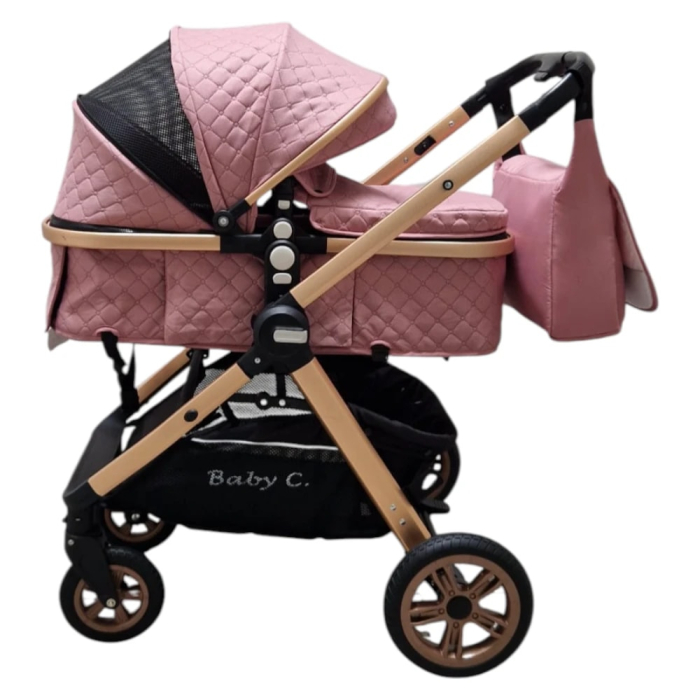 Carucior 2 in 1 Baby Care Nou-Nascuti, Landou Transformabil, Maner Reversibil, Geanta – Roz [5]