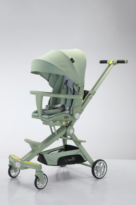 Carucior 2 in 1 pliabil, reversibil, cu lumini si muzica si 3 pozitii de inclinare, verde [1]