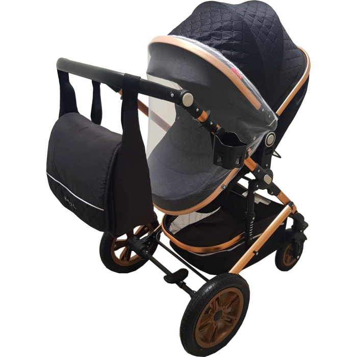 Carucior nou nascuti 3 in 1 Baby Care™  Geanta Bebe Landou, Scoica Auto, Plasa Insecte, Negru [3]