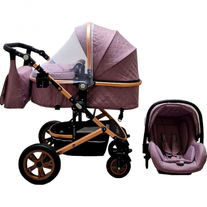 Carucior nou nascuti 3 in 1 Baby Care™  Geanta Bebe Landou, Scoica Auto, Plasa Insecte, Mov Deschis [4]