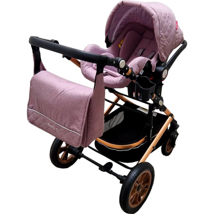 Carucior nou nascuti 3 in 1 Baby Care™  Geanta Bebe Landou, Scoica Auto, Plasa Insecte, Mov Deschis [2]