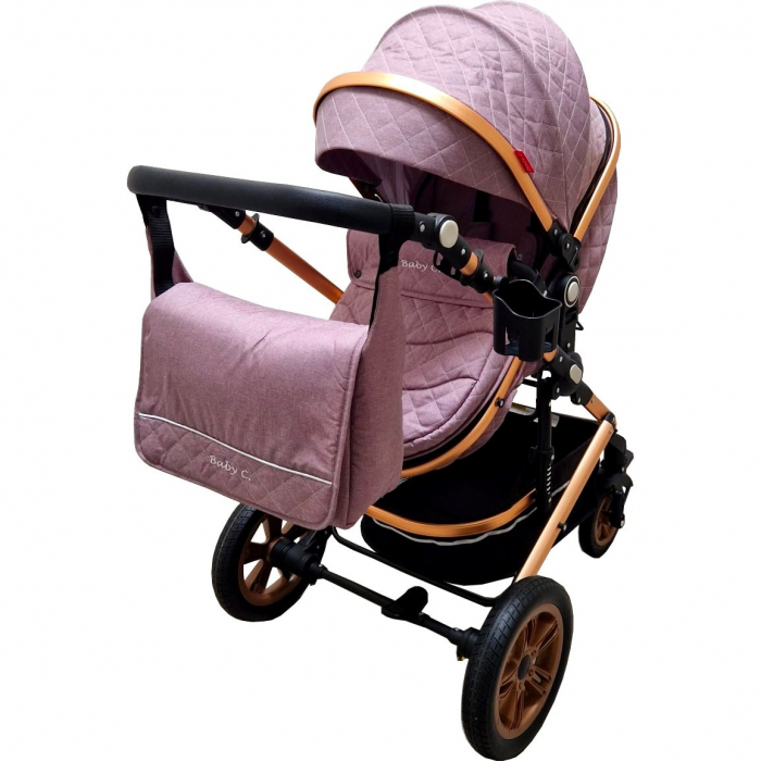 Carucior nou nascuti 3 in 1 Baby Care™  Geanta Bebe Landou, Scoica Auto, Plasa Insecte, Mov Deschis [5]