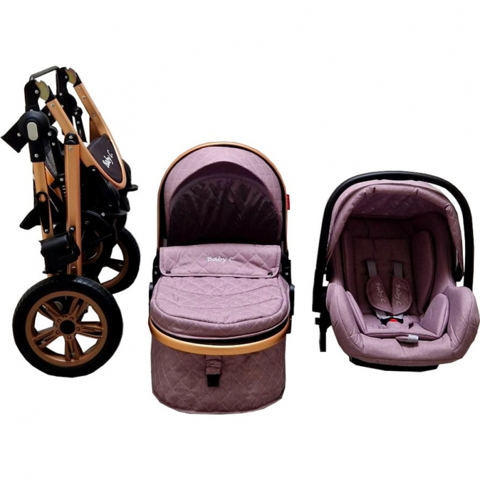 Carucior nou nascuti 3 in 1 Baby Care™  Geanta Bebe Landou, Scoica Auto, Plasa Insecte, Mov Deschis [6]