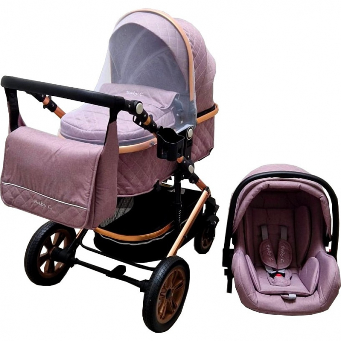 Carucior nou nascuti 3 in 1 Baby Care™  Geanta Bebe Landou, Scoica Auto, Plasa Insecte, Mov Deschis [3]