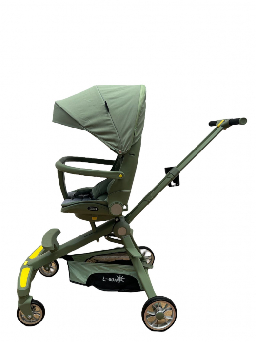 Carucior 2 in 1 pliabil, reversibil, cu lumini si muzica si 3 pozitii de inclinare, verde [9]