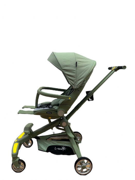 Carucior 2 in 1 pliabil, reversibil, cu lumini si muzica si 3 pozitii de inclinare, verde [10]