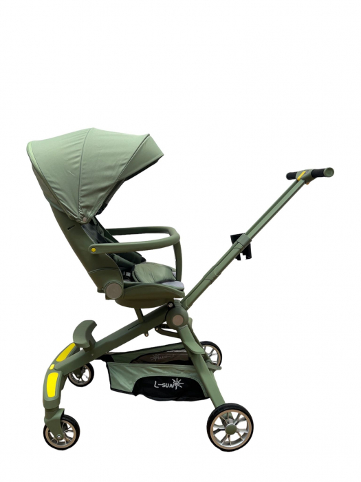 Carucior 2 in 1 pliabil, reversibil, cu lumini si muzica si 3 pozitii de inclinare, verde [7]
