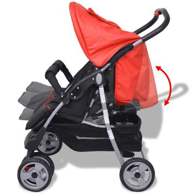 Carucior Dublu pentru Copii, Pliabil, Spatar Reglabil, Roti 360° – Rosu & Negru [5]