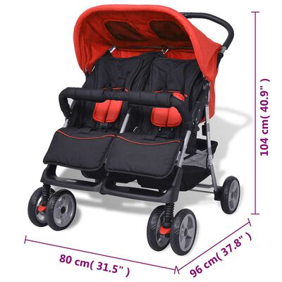 Carucior Dublu pentru Copii, Pliabil, Spatar Reglabil, Roti 360° – Rosu & Negru [4]